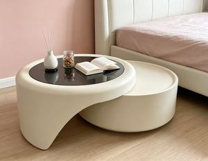 Modern Round <b>Resin</b> Coffee <b>Table</b> With Tempered Glass <b>Top</b> Nesting Design Minimalist Living Room Furniture - Product Image 1