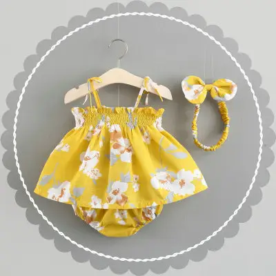 Vestido da menina do bebê com faixa de cabelo, estampa floral, vestido de princesa para festa, conjunto de roupas para bebês, recém-nascidos, roupas de verão