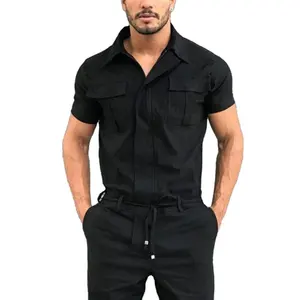 New Cotton Mens Trousers Casual One-piece Suits Belted Uniforms Summer Cargo Pant Shirts For Men Jumpsuit