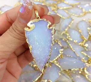 Natural Crystal Hand Carving Fashion Natural Opalite Arrow Head Pendant Indian Hunting Arrowheads Charm For Reiki Jewelry Making