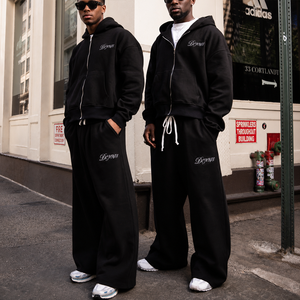 Ensemble de survêtement 400 g/m² <span class=keywords><strong>noir</strong></span> avec pantalon de jogging et sweat à capuche zippé brodé en tissu gaufré épais – Fabricant de survêtements pour hommes - Product Image 1