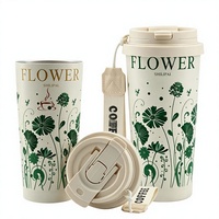 Mug de voyage isotherme 17oz en acier inoxydable, anti-fuite, avec couvercle à paille rabattable et isolation thermique 12-24 heures, motif floral