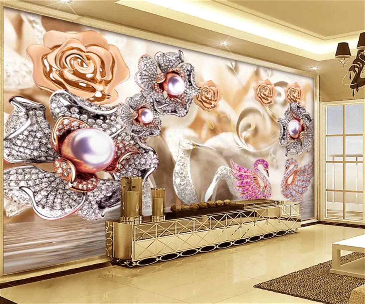 KOMNNI Personnalisé Mural 3d Mode Bijoux Élégant Fleurs Papier Peint Salon Chambre Hôtel De Luxe Décoratif Papier Peint