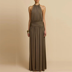 Halter O cou sans manches femmes élégante jupe minceur coupe Maxi longue robe - Product Image 1