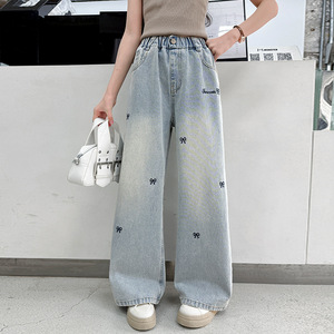 Jeans Retro con Lazo para Niñas de Buena Calidad, Diseño Nuevo Primavera-Verano 2026, Pantalones Anchos para Niños - Product Image 1
