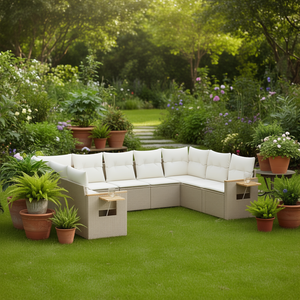 Conjunto de Sofá de Jardín Beige con Cojines, Muebles de Exterior de 6 Plazas, Mimbre de Ratán, Diseño Contemporáneo - Product Image 2