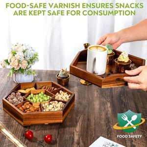 ZEMTAC Solid Wood Hexagonal Serving <b>Tray</b> With Compartment For Nuts Dried Fruits <b>Snacks</b> And Coffee Tea Set - Product Image 5