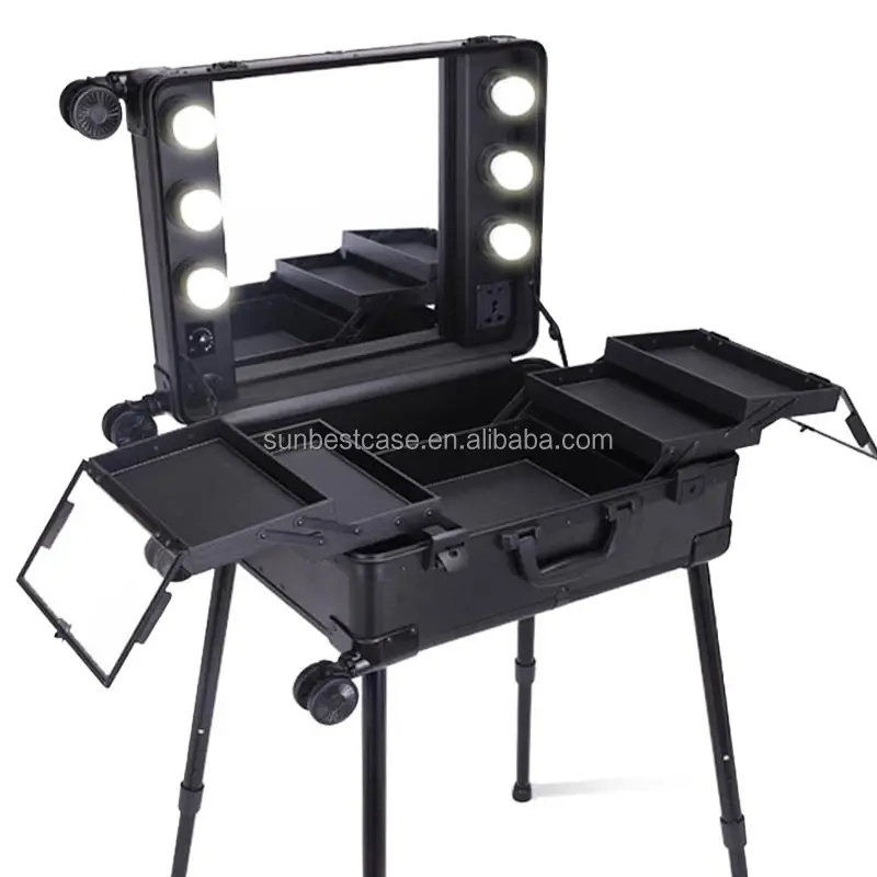 Professional travel makeup bag case with led light mirror train makeup case on wheels with Trolley for artist