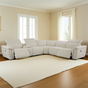 Divano Componibile Modulare di Lusso Europeo in Bouclé Beige con Recliner Elettrico <span class=keywords><strong>per</strong></span> 5 Persone, Portabicchieri <span class=keywords><strong>e</strong></span> Poggiatesta Regolabile - Product Image 1