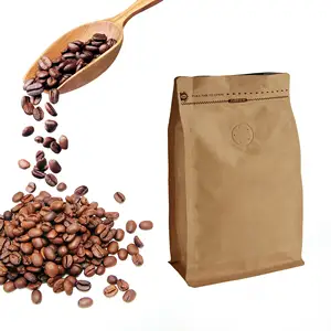 8 Ounce Kraft Paper Flat Bottom Coffee Stand Up Pouch Reusable Side Zipper Coffee Packaging Bags With Air Release Valves