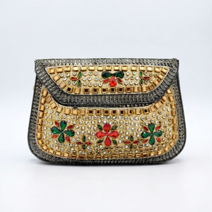 Luxury Antique Metal Frame Ethnic Casual Evening <b>Clutch</b> Bag Handcrafted Mirror Multi-Color <b>Pearl</b> Stone Studded Women Party Purse - Product Image 1
