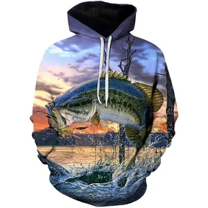 Fitspi 도매 사용자 정의 물고기 패턴 3D 인쇄 긴 소매 후드 스웨터