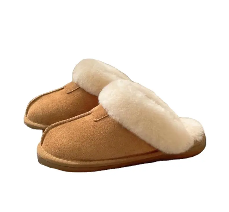 Factory Custom ize Logo Western Style Doppel gesicht Schaffell Slipper Merinowolle Rutsch fest Winter Warm Scuff Memory Foam Pelz Slides