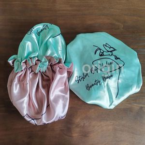Bonnets en soie réversibles de haute qualité, 24 couleurs, pour femmes et filles, bonnet de nuit personnalisé avec logo imprimé double face, bonnet en satin - Product Image 2