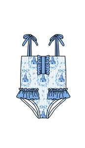 S0757 Maillot de bain personnalisé pour petite fille active, imprimé fleurs roses et nœuds bleus, vente en gros, ensemble 2 pièces à manches courtes - Product Image 2