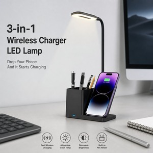 Organisateur de bureau, porte-stylos avec chargeur sans fil 15W, lampe de bureau LED à charge rapide, lampe de bureau à intensité variable, accessoires de bureau multifonctionnels, cadeau - Product Image 1