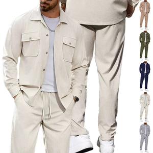 Ensemble de survêtement décontracté pour homme en deux pièces avec veste à col boutonné et pantalon à jambe droite en kaki, blanc cassé, vert, bleu, gris - Product Image 3