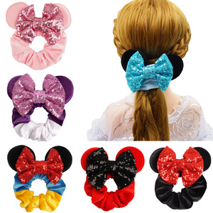 Fantaisie jour souris Mickey oreilles chouchous velours étincelle Sequin Minnie arcs cheveux chouchous fête cheveux cravates élastiques élastiques - Product Image 3