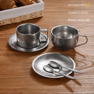 Taza de Café de Acero Inoxidable 304 de Estilo Europeo Vintage Yolecen, Taza Antideslizante de Doble Capa para Té con Leche, Platillo - Product Image 2