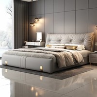 Lit double de 2 mètres de style italien, luxe léger, en cuir véritable, avec rangement, cadre en bois massif - Nouveau lit élégant haut de gamme