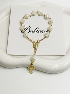 Pulsera de Rosario de Perlas de Rosa al por Mayor, Cuentas Católicas para Bautizo, Colgante de Cruz de la Virgen María, Joyería Religiosa - Product Image 5