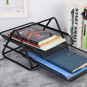 Two Tier Metal <b>File</b> Rack Wire Mesh Office Desk <b>Organizer</b> Storage Holder Black Silver 35x30x18cm - Product Image 3