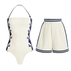 Nautical 3 Piece Swimsuit Set Halter Bow <strong>Bikini</strong> <strong>with</strong> Striped High Waist <strong>Shorts</strong> Cover up for <strong>Women</strong> - Product Image 5