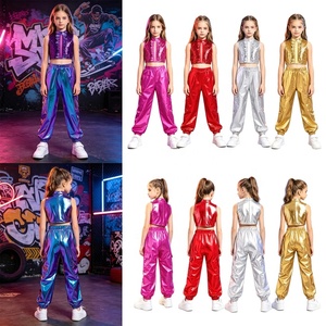 6-16 Kids Girls Stage Show Jazz Dance Outfit Hip-Hop <b>Sequin</b> Metallic Crop <b>Top</b> With Pants Competitions Contemporary Dance Costume - Product Image 1