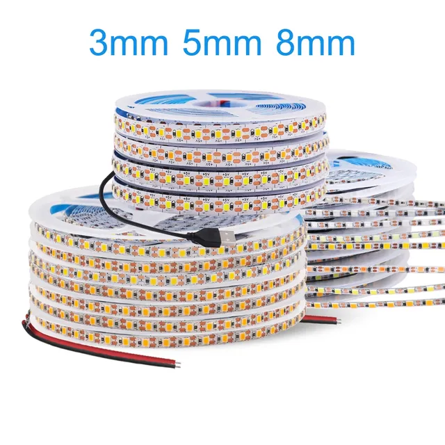 3MM/5MM/8MM Width DC 5V SMD2835 LED Strip 120LEDs/m 2000-8200 Lumens Flexible Tape IP20 Not Waterproof 3000K/4000K/6000K
