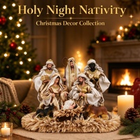 Crèche de Noël artisanale en résine, figurines décoratives et objets de collection, ensemble de 8 pièces blanc et or avec animaux