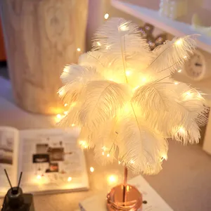 Modern Romantic Desk Lamp with USB Rechargeable Built Standing Feather Table Ostrich Feather Lamp Night Light