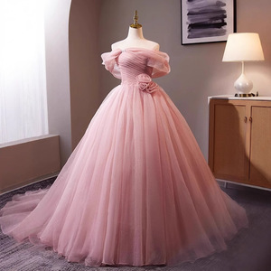 Pink Off The Shoulder Chiffon Ball Gown Empire Waist Evening Dress For Women - Product Image 1