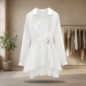 M-4XL Women's Shirt Lapel V Neck Long Sleeves Irregular Hem Plus Size Waist Tight Adjustable Belt Pullover - Product Image 3