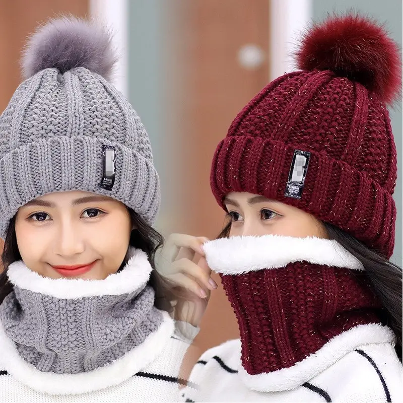Outdoor Women's Winter Hat Caps Knitted Wool Warm Scarf Thick Windproof Pom Pom Hat Scarf Set for Women