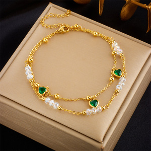 Vintage Emerald Heart Two Layers Anklet Gold Plated Stainless Steel Transparent Crystal Bead Tiny Ball Charm Beaded Anklet - Product Image 2