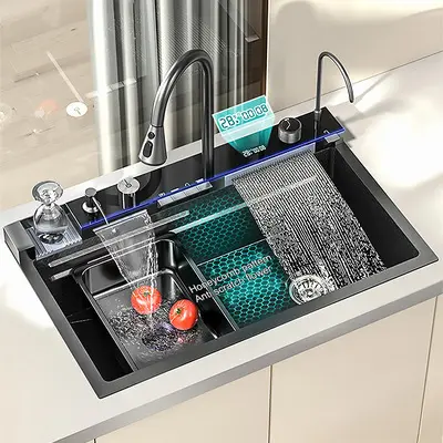 Évier de cuisine multifonction à cascade intelligent fait main OEM ODM rectangulaire 304 bol sous plan en acier inoxydable tablier de ferme