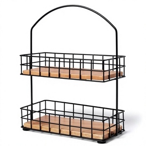 Étagère de rangement rectangulaire à 2 niveaux en fil métallique avec étagères en bois, vente en gros directe d'usine, OEM ODM, maille de fil de fer robuste - Product Image 1