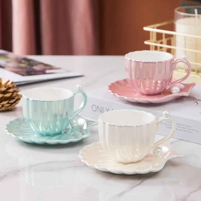 Seaygift luxury nordic style couple gifts petal pearl creative ceramic coffee mug porcelain milk tea cups and saucer set
