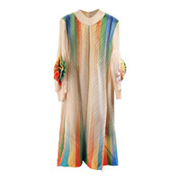 Nouvelle Robe Décontractée Plissée en Polyester Antistatique, Faite Main avec Fleurs Dégradées, Col Rond, Manches Longues, Collection Printemps