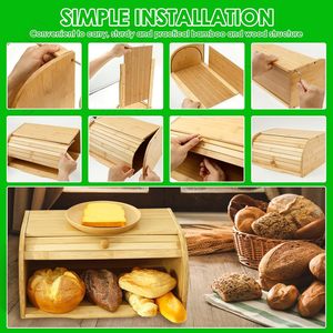 Boîte à pain en bambou avec couvercle rabattable, couleur naturelle, rangement de cuisine, conteneur alimentaire - Product Image 4