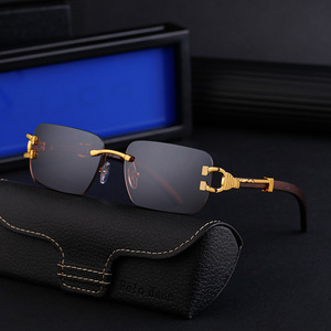 Lunettes de soleil sans monture Polo Haus pour homme, verres PC UV400, branches en imitation bois noir, style Instagram - Product Image 1