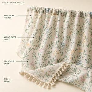 Panneaux de rideaux imprimés en voile floral semi-transparent avec passe-tringle et pompons pour fenêtre, chambre à coucher, vente en gros, OEM, ODM - Product Image 6