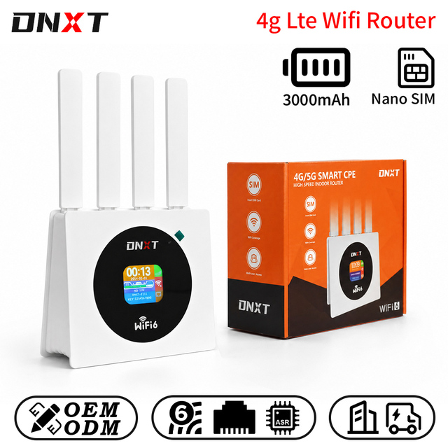 DNXT 4g Router Cat4 2.4GHz Wifi 6 Router Foldable Antenna 3000mAh 4g Lte Router LCD Type-C 4g Router with Sim Card Slot Work Use