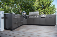 Meuble de cuisine extérieur en acier inoxydable pour villa, design moderne, avec charnière industrielle, panier de tiroir, évier, robinet et glissière de tiroir