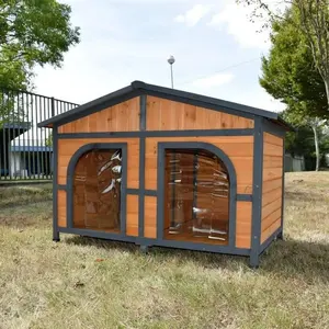 Perreras para perros de doble habitación Casa para perros de madera grande para exteriores con techo a prueba de lluvia, placa parasol - Product Image 1