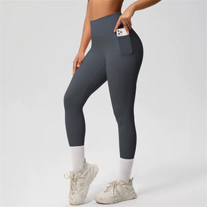 Leggings de sport unis pour femme, taille haute, extensibles, pour fitness, course et yoga, avec poches, vente en gros - Product Image 5