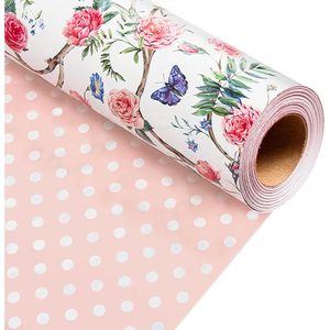Flyhill Floral <b>Wrapping</b> <b>Paper</b> 17 In X 32.8 Ft Double Side Pink Flowers Butterfly Design Gift Wrap - Product Image 2