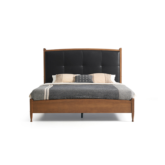 Natural & Casual Style Solid Wood Frame + Plaid Leather Upholstered Backrest Bedroom Double Bed