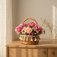 Panier à fleurs en rotin fait main bleu saule avec couvercle, panier en bois avec poignée pour la décoration intérieure