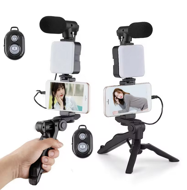 Tripod Phone Holder Smartphone Vlogging Kit With Mini Microphone LED Fill Light Starter for TikTok Live Stream Video